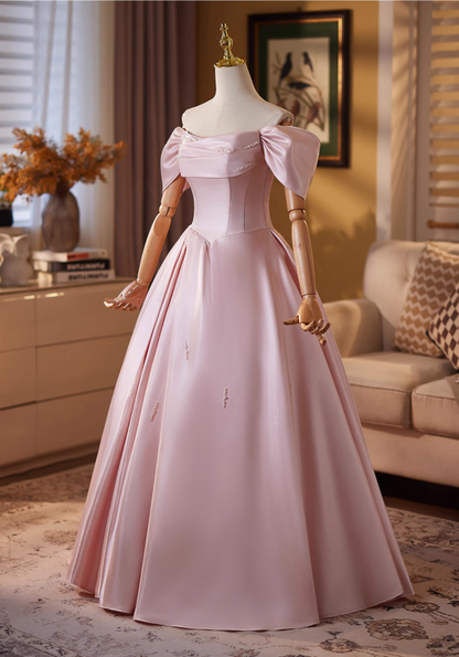 Flattering A-Line Off-Shoulder Sweet 16th Gowns Beads Pink Satin Prom Dress AP4908