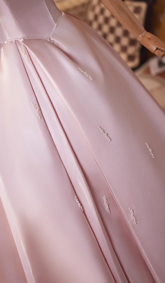 Flattering A-Line Off-Shoulder Sweet 16th Gowns Beads Pink Satin Prom Dress AP4908