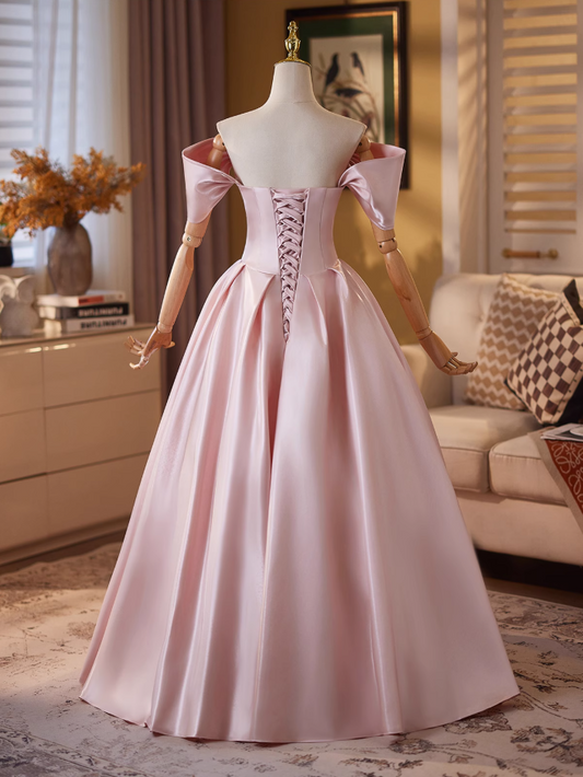 Flattering A-Line Off-Shoulder Sweet 16th Gowns Beads Pink Satin Prom Dress AP4908
