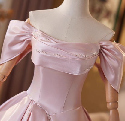 Flattering A-Line Off-Shoulder Sweet 16th Gowns Beads Pink Satin Prom Dress AP4908