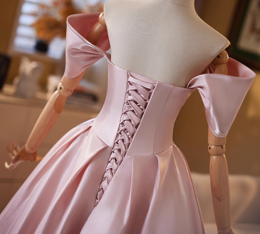 Flattering A-Line Off-Shoulder Sweet 16th Gowns Beads Pink Satin Prom Dress AP4908