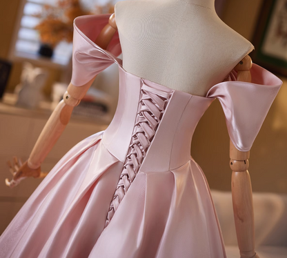 Flattering A-Line Off-Shoulder Sweet 16th Gowns Beads Pink Satin Prom Dress AP4908