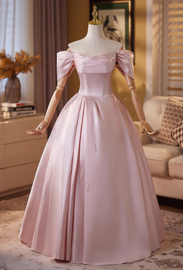 Flattering A-Line Off-Shoulder Sweet 16th Gowns Beads Pink Satin Prom Dress AP4908