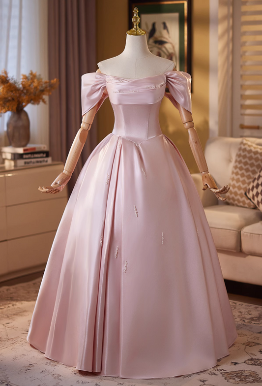 Flattering A-Line Off-Shoulder Sweet 16th Gowns Beads Pink Satin Prom Dress AP4908