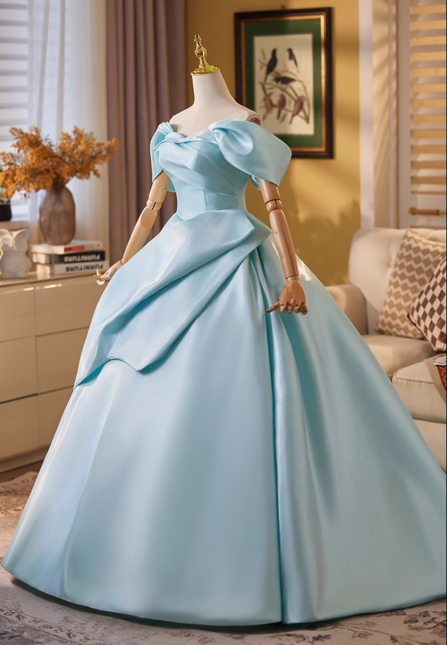 Simple A-Line Off-Shoulder Pleated Sweet 16th Gowns Satin Prom Dress AP4909