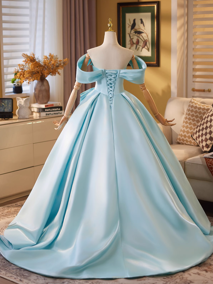 Simple A-Line Off-Shoulder Pleated Sweet 16th Gowns Satin Prom Dress AP4909