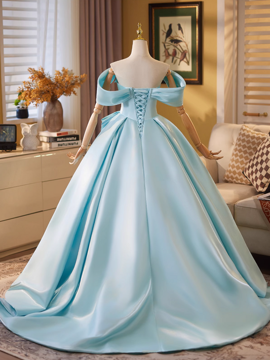 Simple A-Line Off-Shoulder Pleated Sweet 16th Gowns Satin Prom Dress AP4909