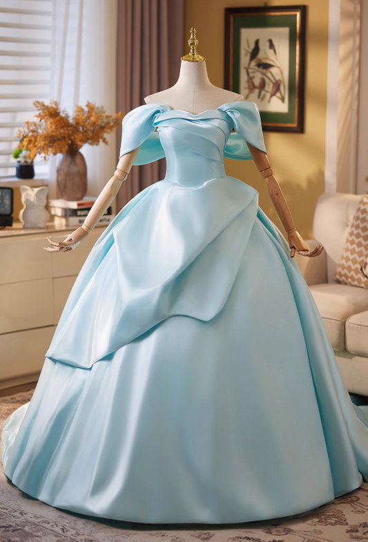 Simple A-Line Off-Shoulder Pleated Sweet 16th Gowns Satin Prom Dress AP4909