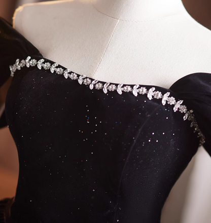Trendy Off-Shoulder Black Velvet A-Line Birthday Dresses Beading Sequins Homecoming Dress AP4910