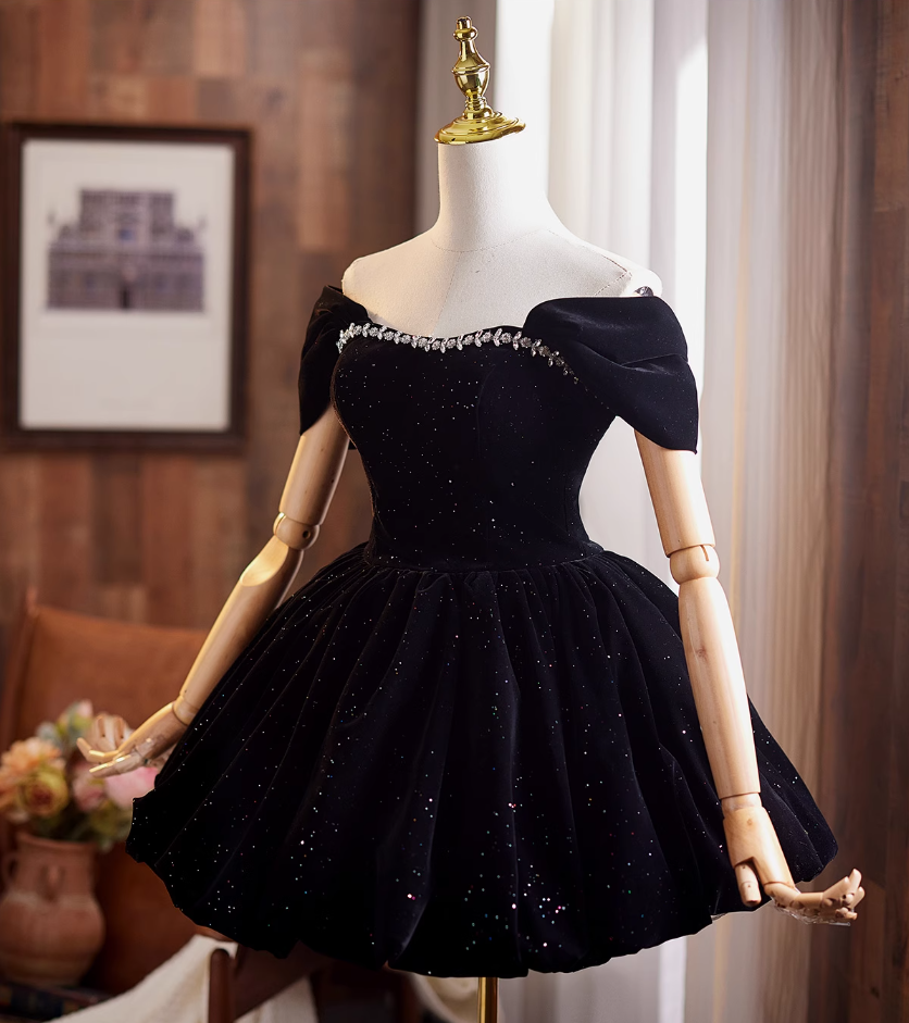 Trendy Off-Shoulder Black Velvet A-Line Birthday Dresses Beading Sequins Homecoming Dress AP4910
