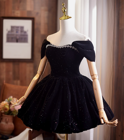 Trendy Off-Shoulder Black Velvet A-Line Birthday Dresses Beading Sequins Homecoming Dress AP4910