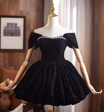 Trendy Off-Shoulder Black Velvet A-Line Birthday Dresses Beading Sequins Homecoming Dress AP4910