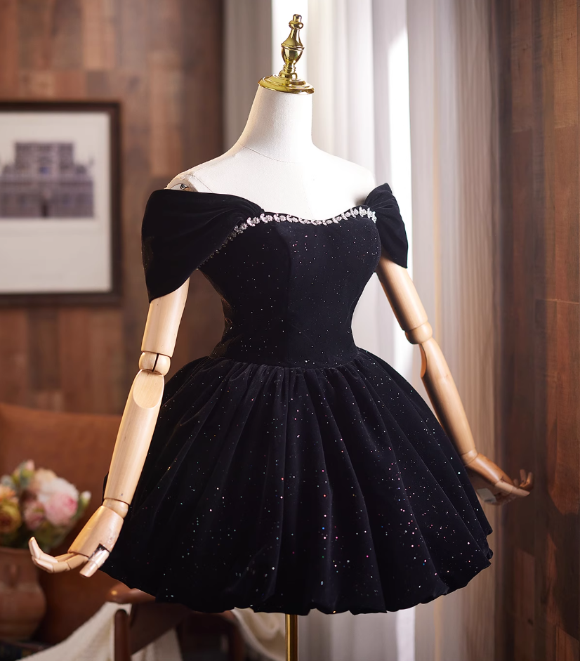 Trendy Off-Shoulder Black Velvet A-Line Birthday Dresses Beading Sequins Homecoming Dress AP4910