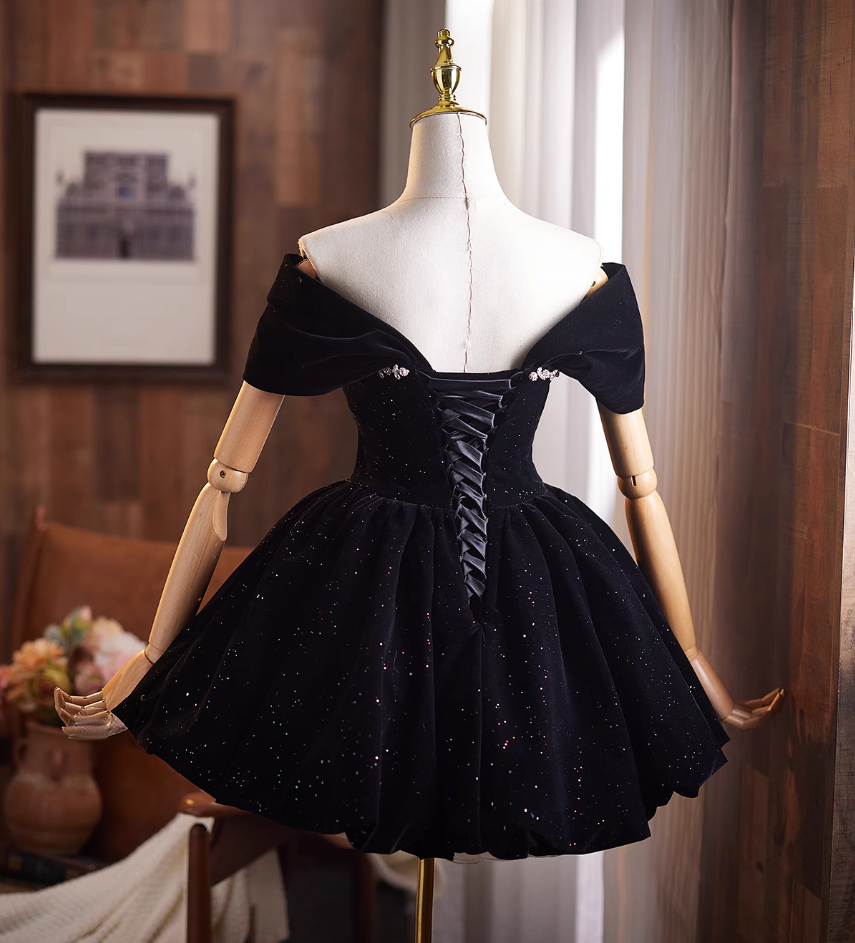 Trendy Off-Shoulder Black Velvet A-Line Birthday Dresses Beading Sequins Homecoming Dress AP4910