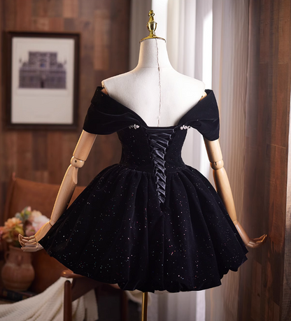 Trendy Off-Shoulder Black Velvet A-Line Birthday Dresses Beading Sequins Homecoming Dress AP4910