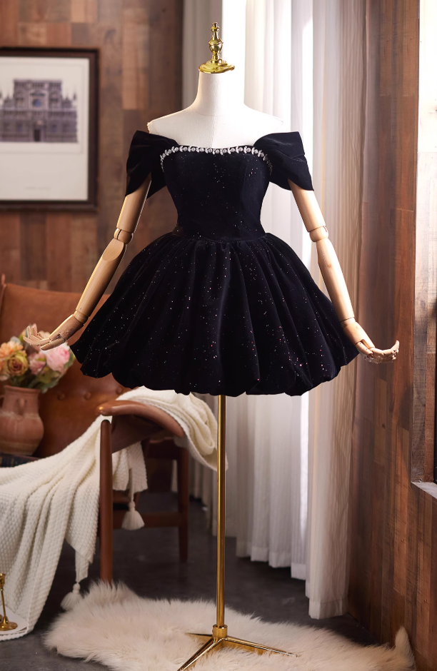 Trendy Off-Shoulder Black Velvet A-Line Birthday Dresses Beading Sequins Homecoming Dress AP4910