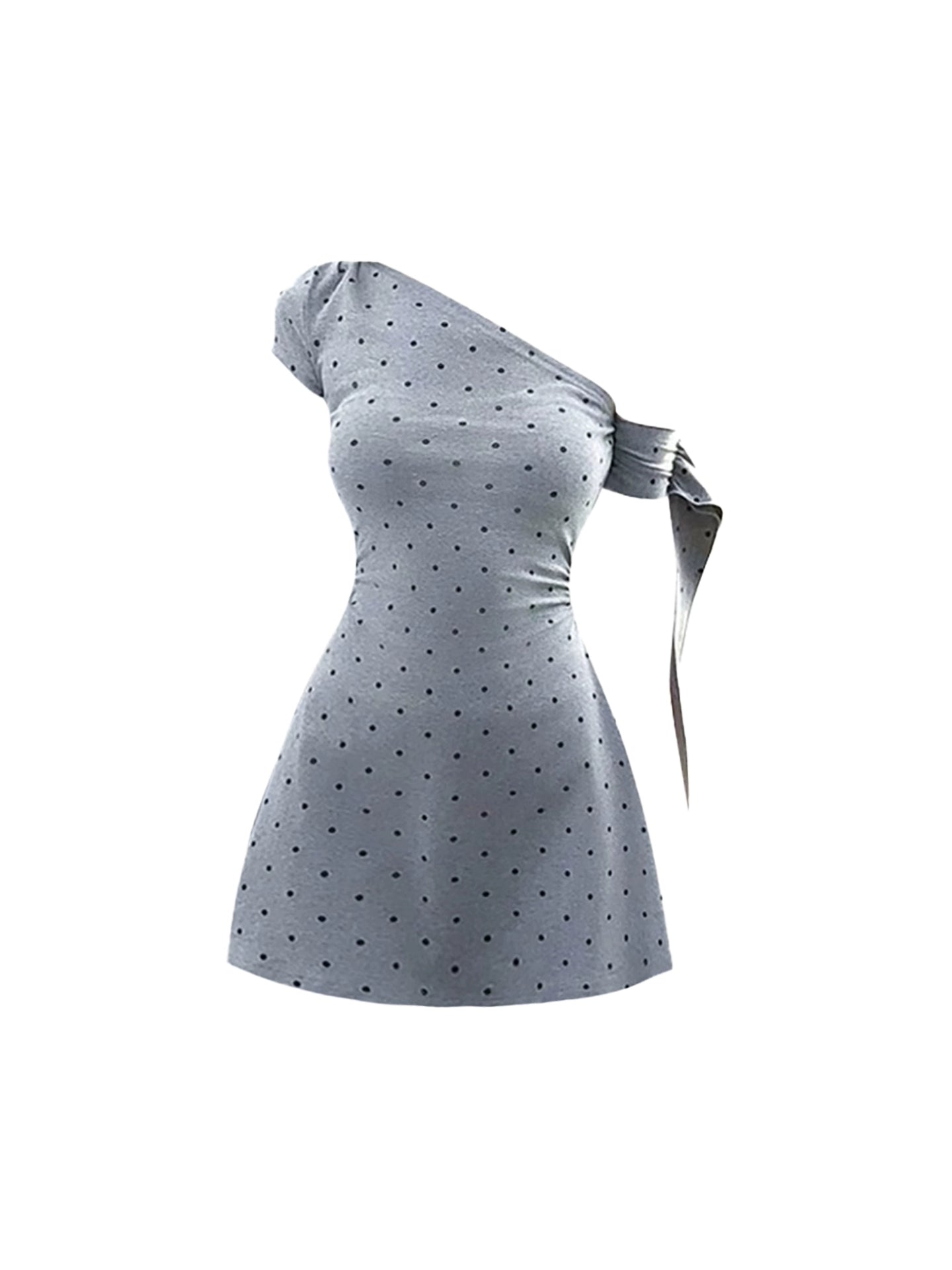Attractive One Shoulder Light Gray Black-Polka-Dot Mini Skirt Vogue Cinched-Waist Fitted Waist Asymmetric Neckline A-Line Short Dress AP4911