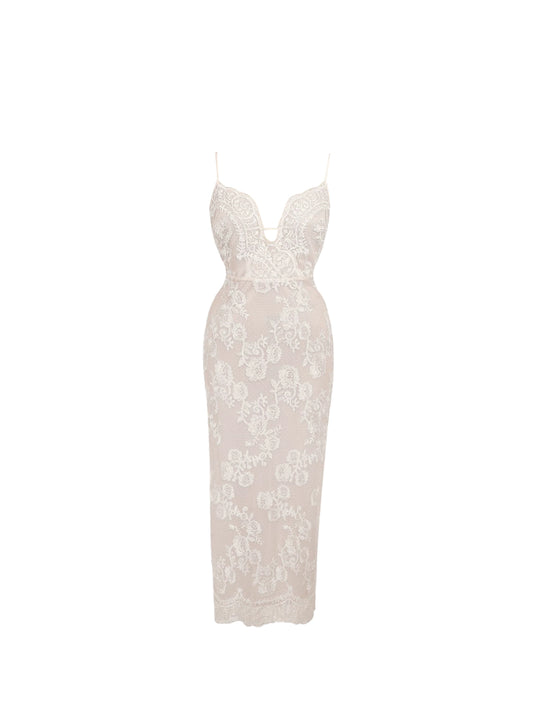 Sexy Deep V Neck Cutout Spaghetti Straps Maxi Dress Stylish Beige Floral Lace Sheath Long Dress AP4912