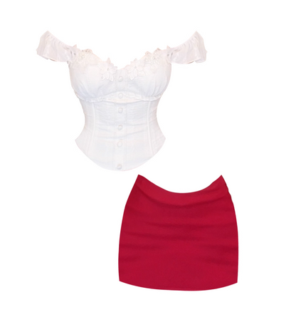 Vogue White Corset & Red Bodycon 2-Piece Set Mini Skirt Cute Off-Shoulder Floral-Trimmed Short Dress AP4913