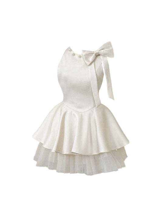 Modern Jewel Neck Pearl Accents Casual Events Mini Skirt Elegant White Large Bow Tiered A-Line Short Dress AP4914