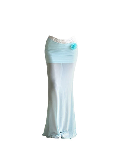 Pretty Strapless Floral Detail Lace-Accent Sheath Maxi Dresses Vibrant White Tie-Front Top Light Blue Long Dress AP4916