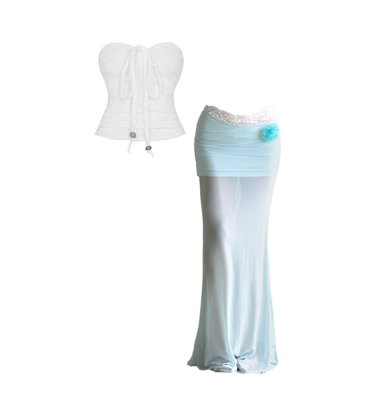 Pretty Strapless Floral Detail Lace-Accent Sheath Maxi Dresses Vibrant White Tie-Front Top Light Blue Long Dress AP4916