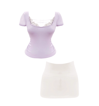 Hot Girls Light Lavender Short-Sleeve Top Square Neck Sheath Mini Skirt Fashion Lace Cutout Short Sleeves 2-Piece Outfit White High-Waist Short Dress AP4918