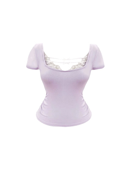 Hot Girls Light Lavender Short-Sleeve Top Square Neck Sheath Mini Skirt Fashion Lace Cutout Short Sleeves 2-Piece Outfit White High-Waist Short Dress AP4918