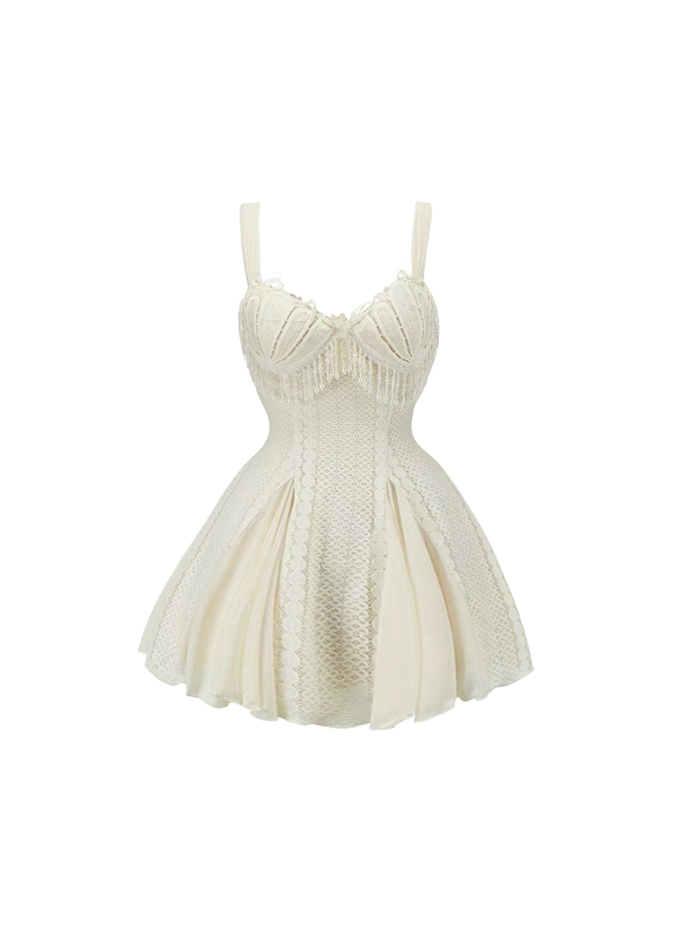 Gen Z Style Cream Spaghetti Strap Flared Mini Skirt Elegant Lace Trim Tassel Bustier A-Line Short Dress AP4919