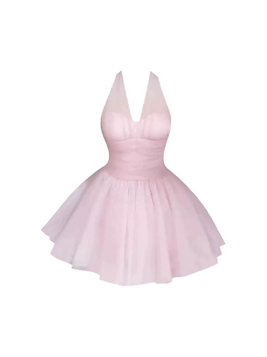 Hottie Sheer Mesh Halter Neck Light Pink Mini Skirt Sweet Tulle Flared A-Line Date Nights Short Dress AP4920