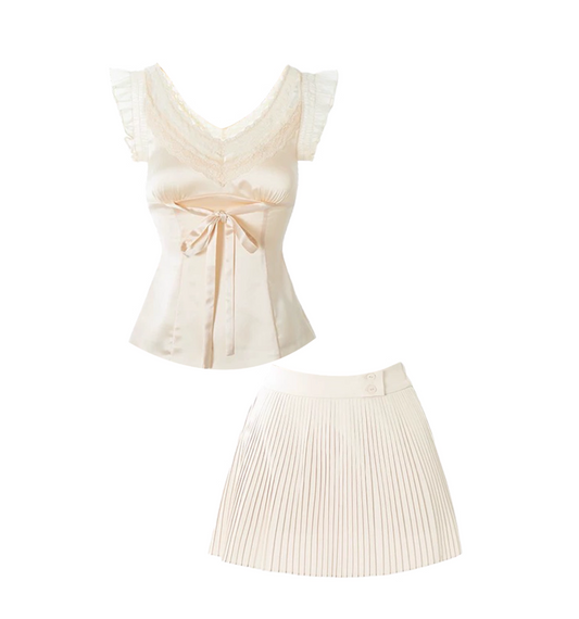 Casual Bow Tie Waist V Neck Lace-Trimmed Mini Skirt Chic Light Beige Short-Sleeve Top A-Line Pleated Short Dress AP4921