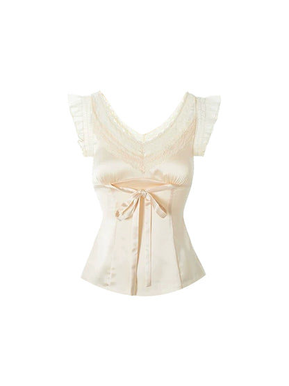 Casual Bow Tie Waist V Neck Lace-Trimmed Mini Skirt Chic Light Beige Short-Sleeve Top A-Line Pleated Short Dress AP4921
