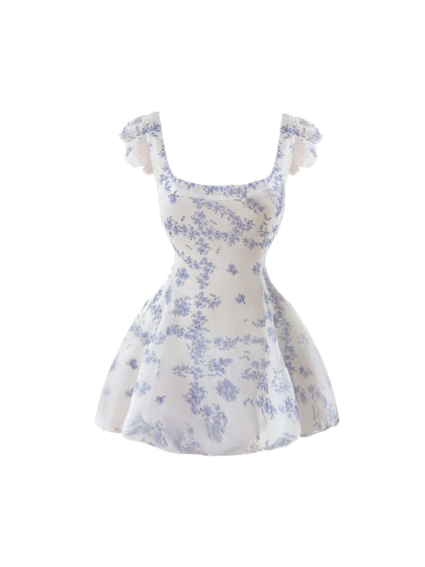 Y2K Style Square Neck Ruffled Sleeves Mini Skirt Chic Blue Floral Cinched Waist A-Line Short Dress AP4922