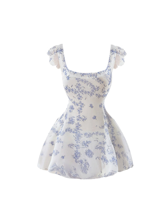 Y2K Style Square Neck Ruffled Sleeves Mini Skirt Chic Blue Floral Cinched Waist A-Line Short Dress AP4922