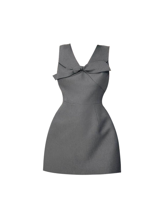 New Tendency Large Bow Accent A-Line Mini Skirt Simple Gray Sleeveless V-Neck Cinched Waist Short Dress AP4923