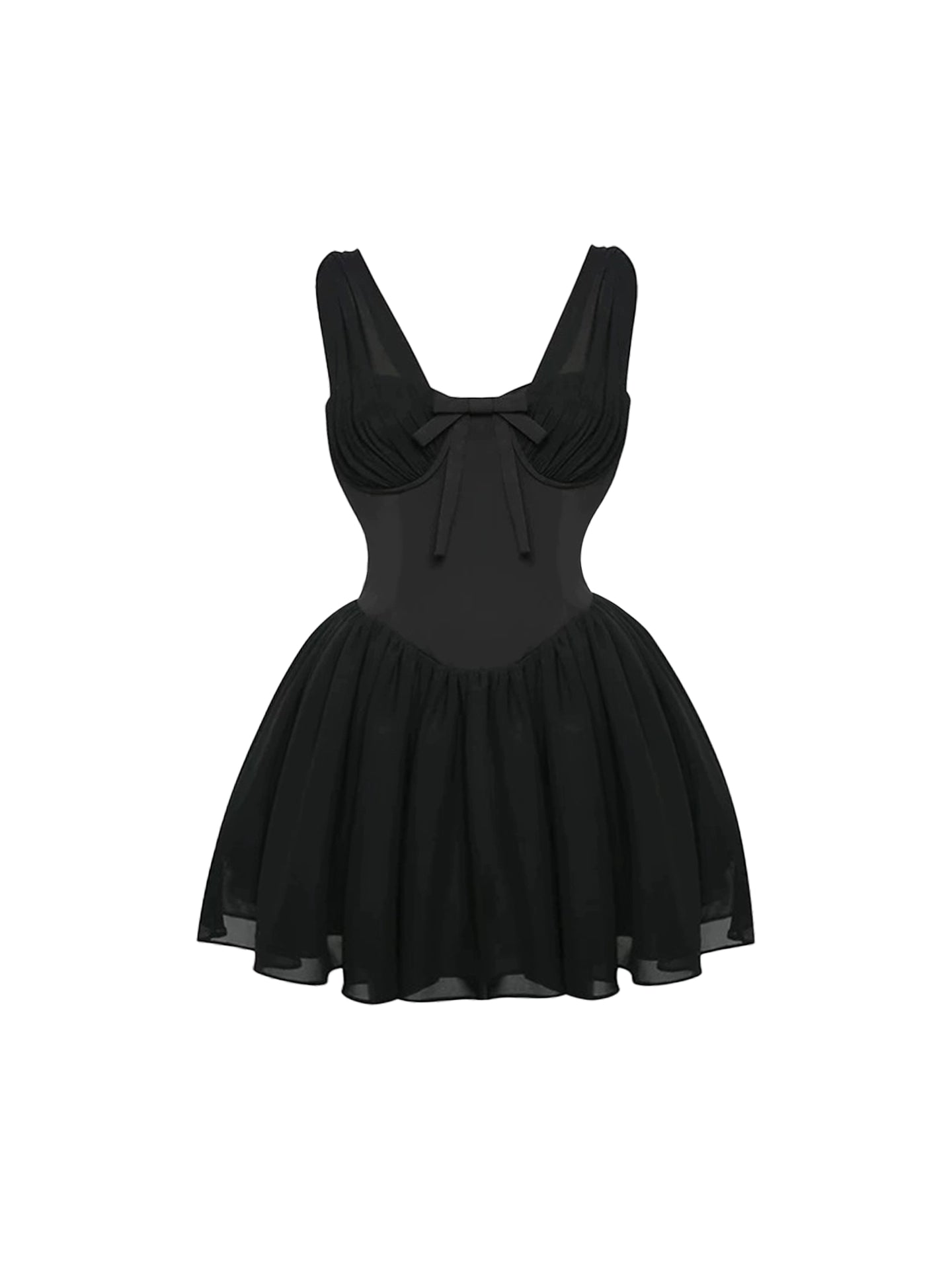 Everyday Wear Black Sleeveless Deep V-Neck Mini Skirt Sexy Bow Accent Cinched Waist A-Line Short Dress AP4924