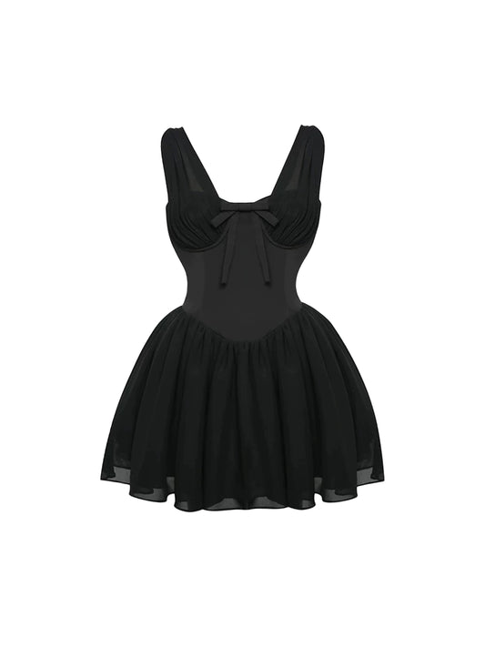 Everyday Wear Black Sleeveless Deep V-Neck Mini Skirt Sexy Bow Accent Cinched Waist A-Line Short Dress AP4924