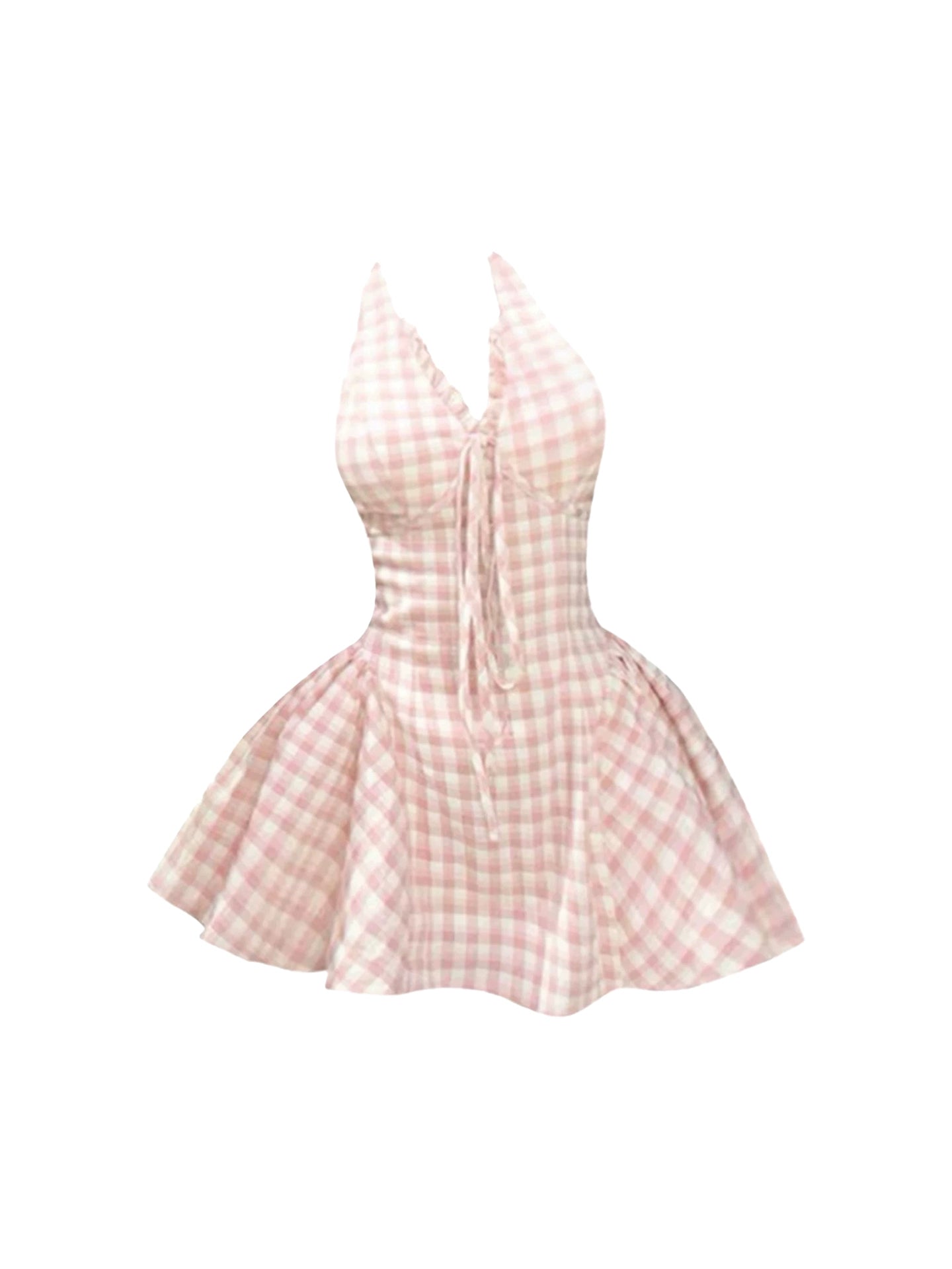 Lovely Halter Neck Pink & White Gingham Mini Skirt Vogue Front Tie Cinched Waist A-Line Flared Short Dress AP4925