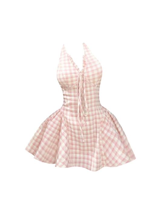Lovely Halter Neck Pink & White Gingham Mini Skirt Vogue Front Tie Cinched Waist A-Line Flared Short Dress AP4925