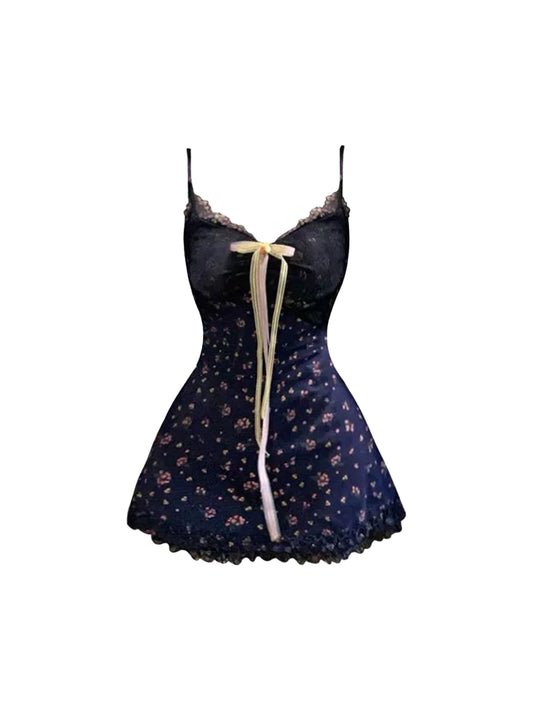 Refined Dark Navy Floral Print Spaghetti Strap Mini Skirt Alluring Lace Trim Front Bow Tie A-Line Short Dress AP4926