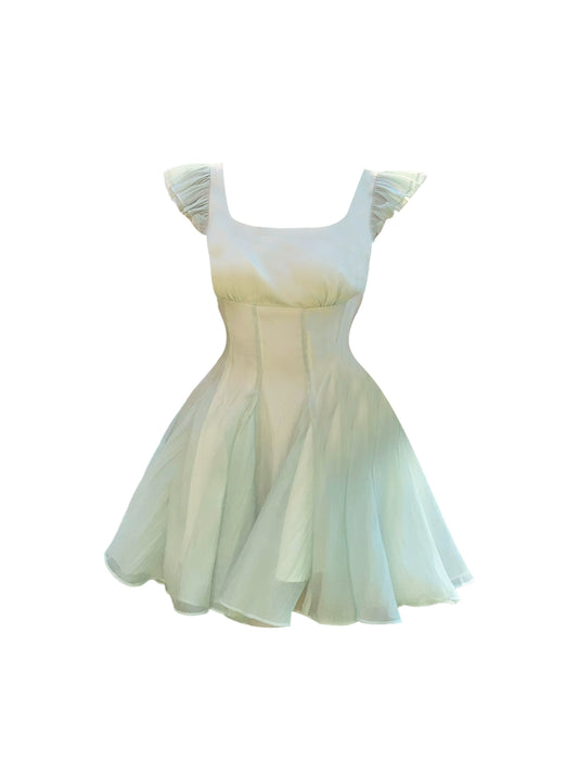 Enchanting Ruffled Short Sleeves Cinched Waist Flowly Mini Skirt Chic Pale Green Square Neck A-Line Short Dress AP4928