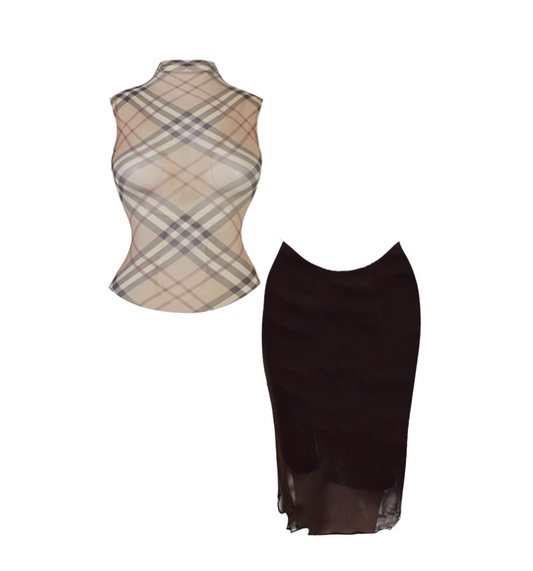 Boho-Inspired 2-Piece Set High Collar Sheath Midi Dress Vintage Sheer Sleeveless Top Beige-Brown Plaid Long Dress AP4929