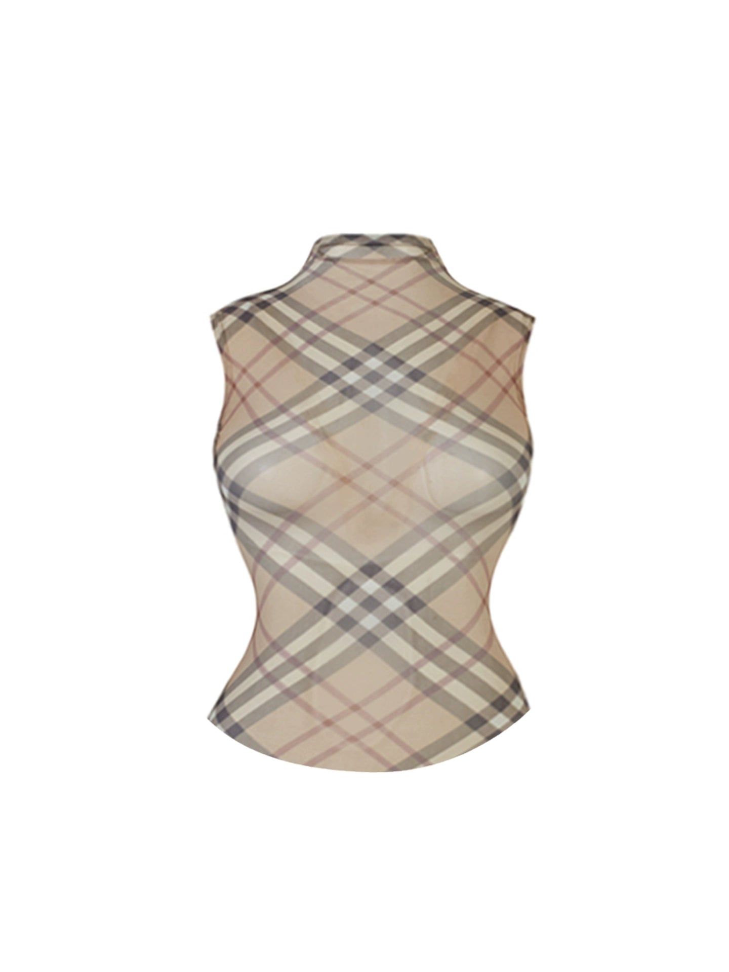 Boho-Inspired 2-Piece Set High Collar Sheath Midi Dress Vintage Sheer Sleeveless Top Beige-Brown Plaid Long Dress AP4929