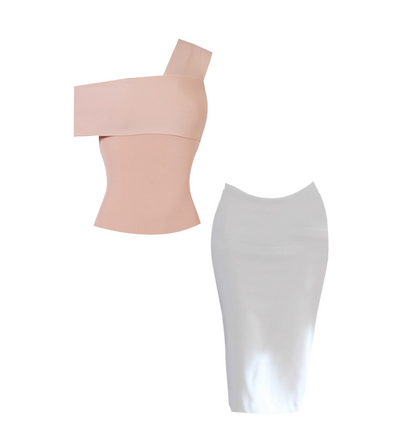 Exquisite Blush Pink One-Shoulder Top Sheath Midi Dress Minimalism Date Nights 2-Piece Set Light Gray Long Dress AP4930