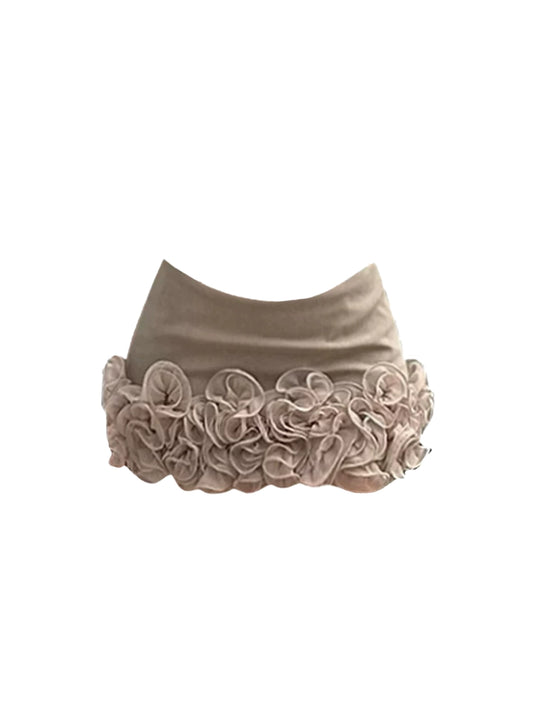 Superb Light Brown Button-Front Bodycon Mini Skirt Vintage 2-Piece Set Corset Top 3D Flower Hem Halter Short Dress AP4931