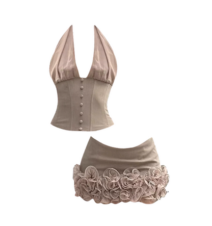 Superb Light Brown Button-Front Bodycon Mini Skirt Vintage 2-Piece Set Corset Top 3D Flower Hem Halter Short Dress AP4931