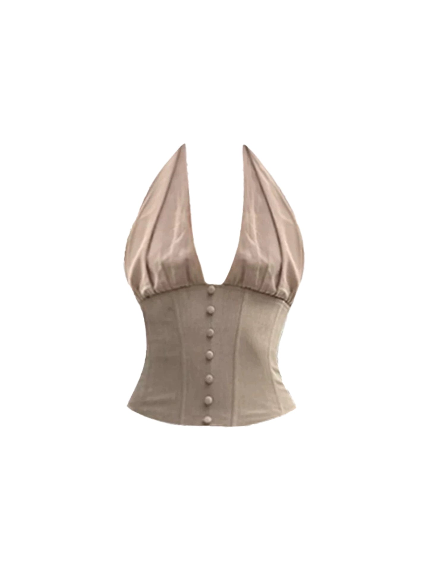 Superb Light Brown Button-Front Bodycon Mini Skirt Vintage 2-Piece Set Corset Top 3D Flower Hem Halter Short Dress AP4931