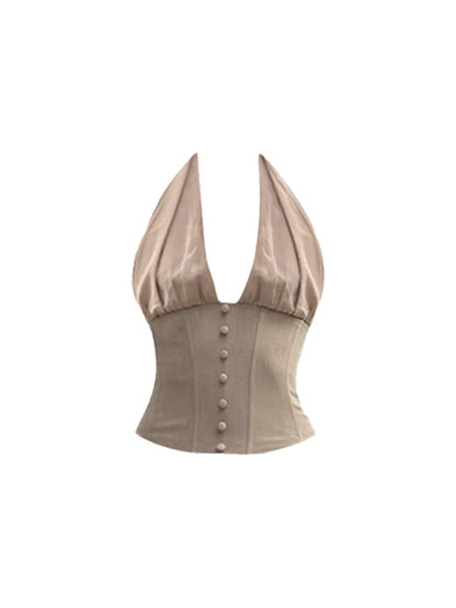 Superb Light Brown Button-Front Bodycon Mini Skirt Vintage 2-Piece Set Corset Top 3D Flower Hem Halter Short Dress AP4931