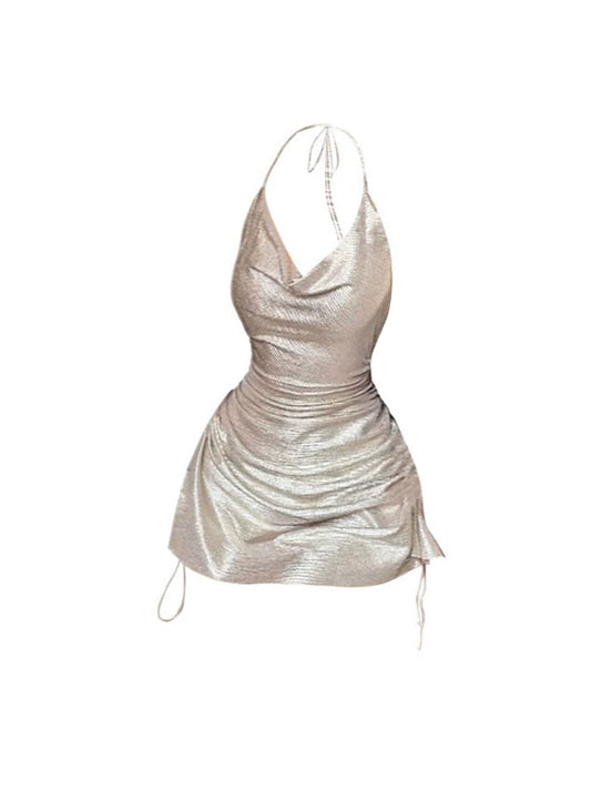 Fascinating Halter Neck Side Drawstring A-Line Mini Skirt Stylish Silver Metallic Ruched Short Dress AP4935
