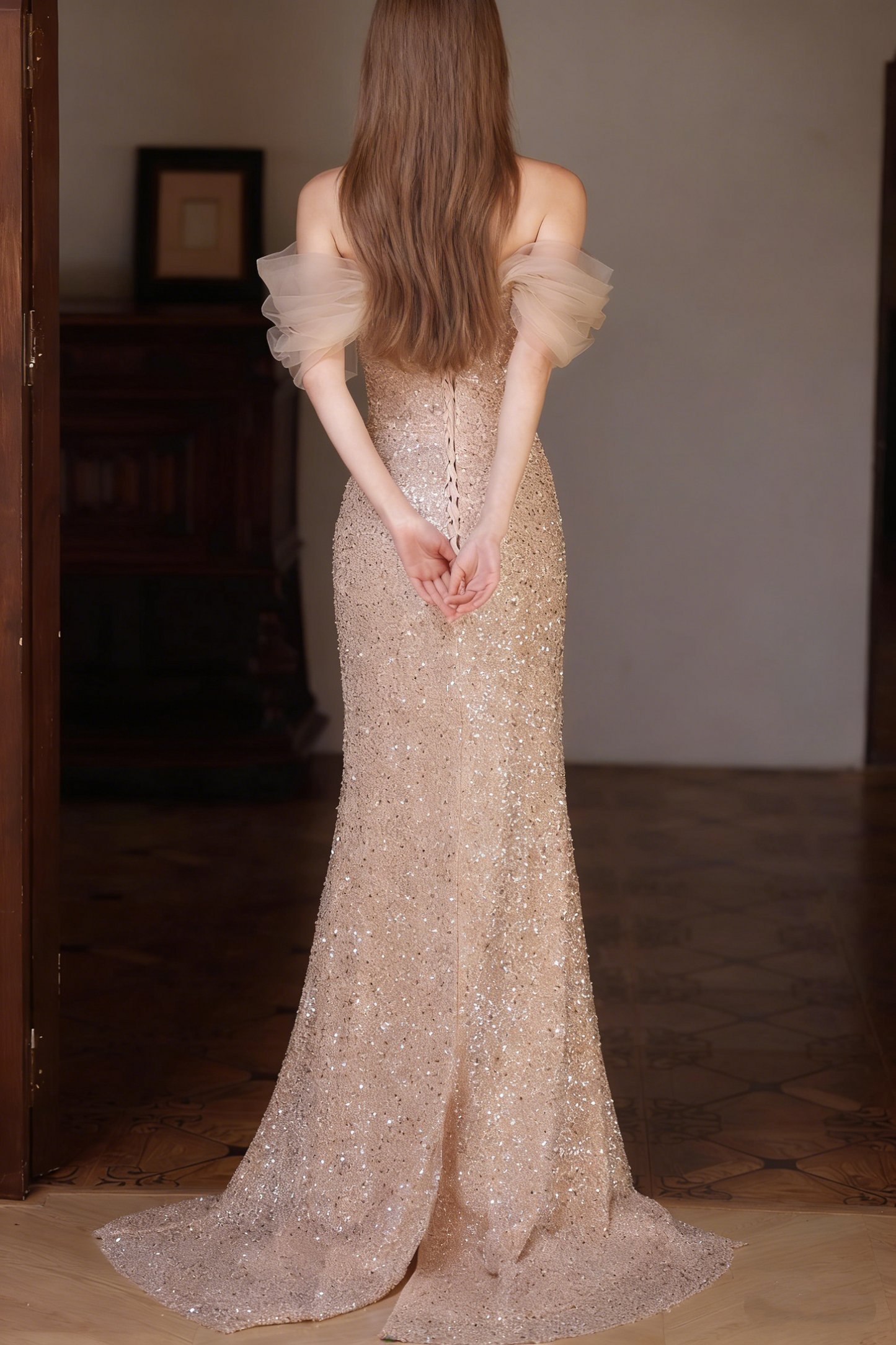 Enticing Sheath Tulle Off-Shoulder Evening Gowns Beading Sequins Rhinestones Prom Dress AP4937
